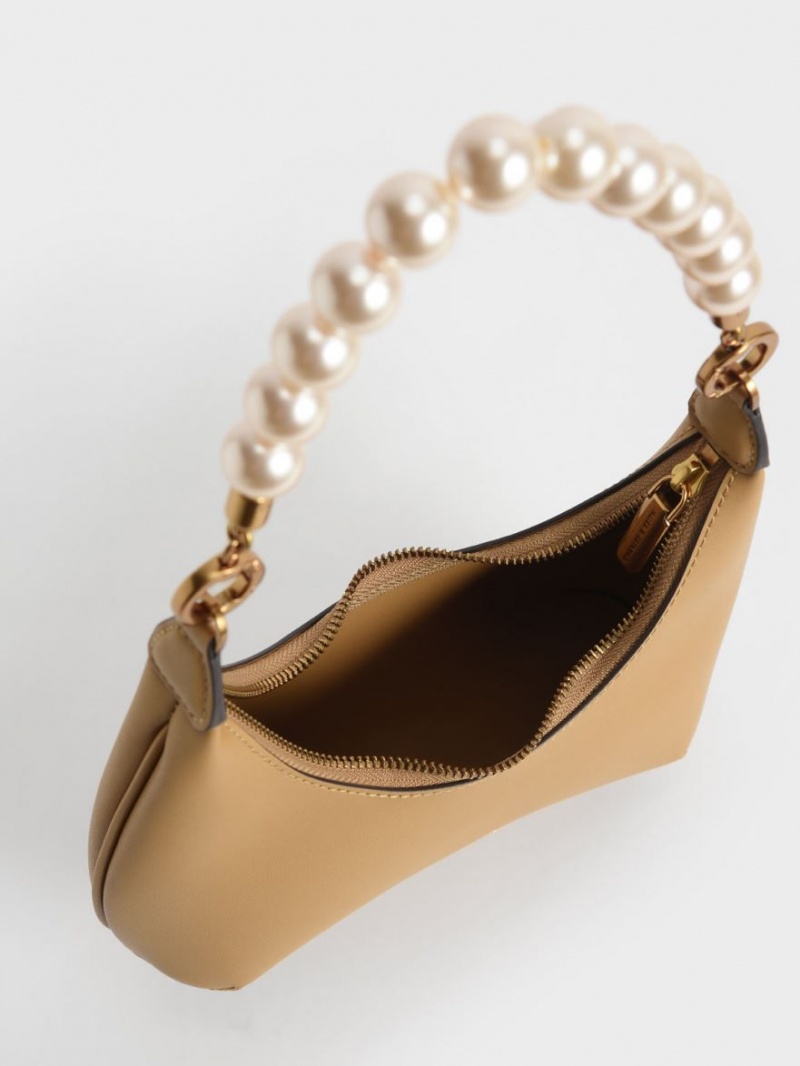 τσάντα hobo Charles And Keith Beaded Handle Μπεζ | 61984-AYHU