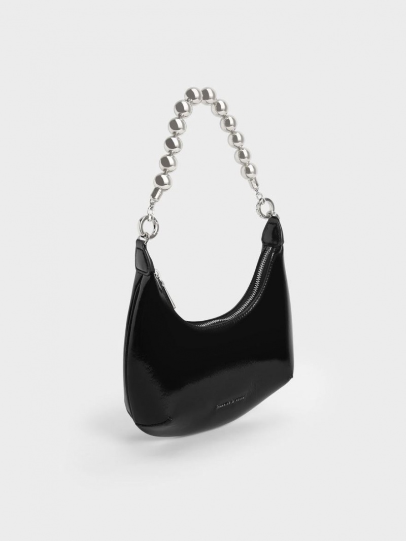 τσάντα hobo Charles And Keith Beaded Handle λουστρινι μαυρα | 71429-PXWD