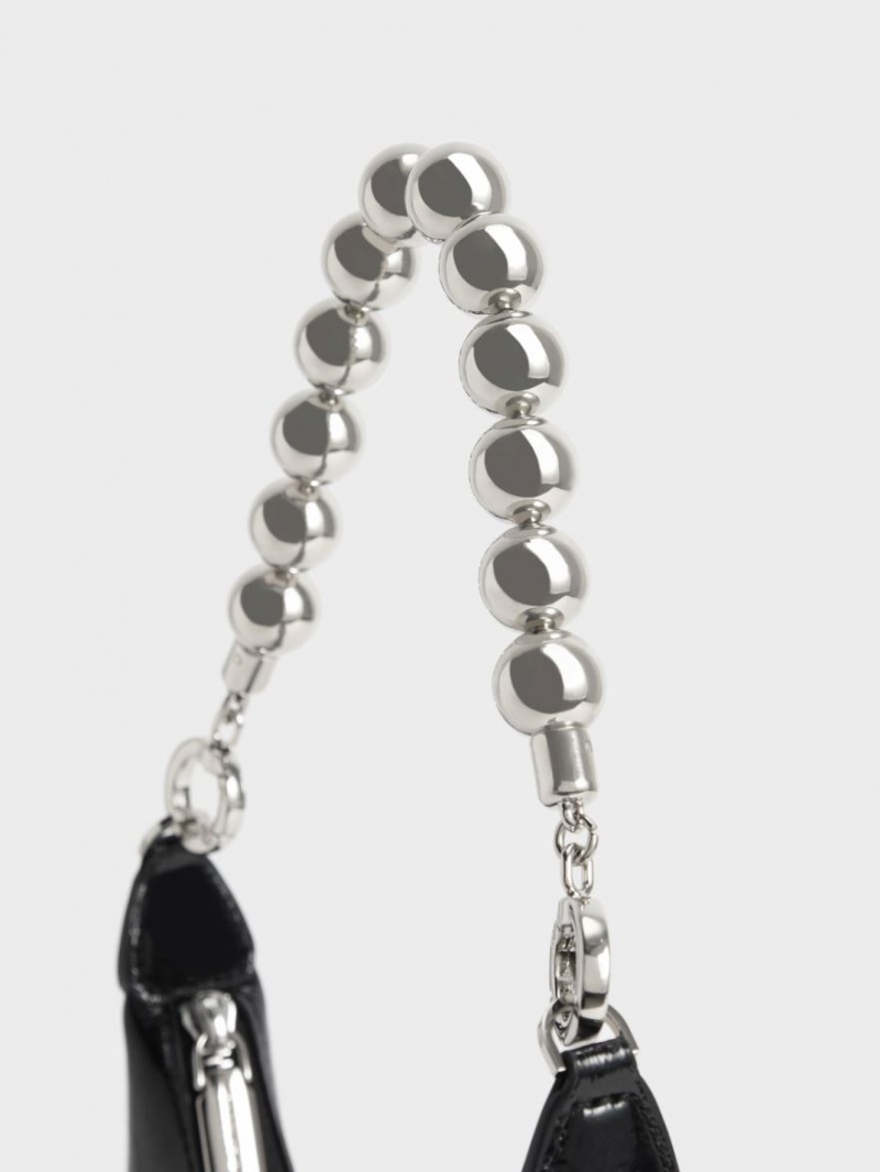 τσάντα hobo Charles And Keith Beaded Handle λουστρινι μαυρα | 71429-PXWD