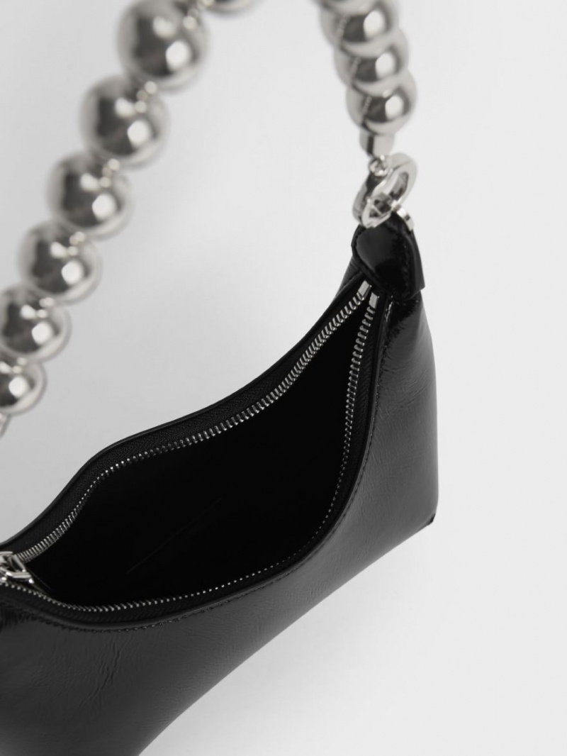 τσάντα hobo Charles And Keith Beaded Handle λουστρινι μαυρα | 71429-PXWD