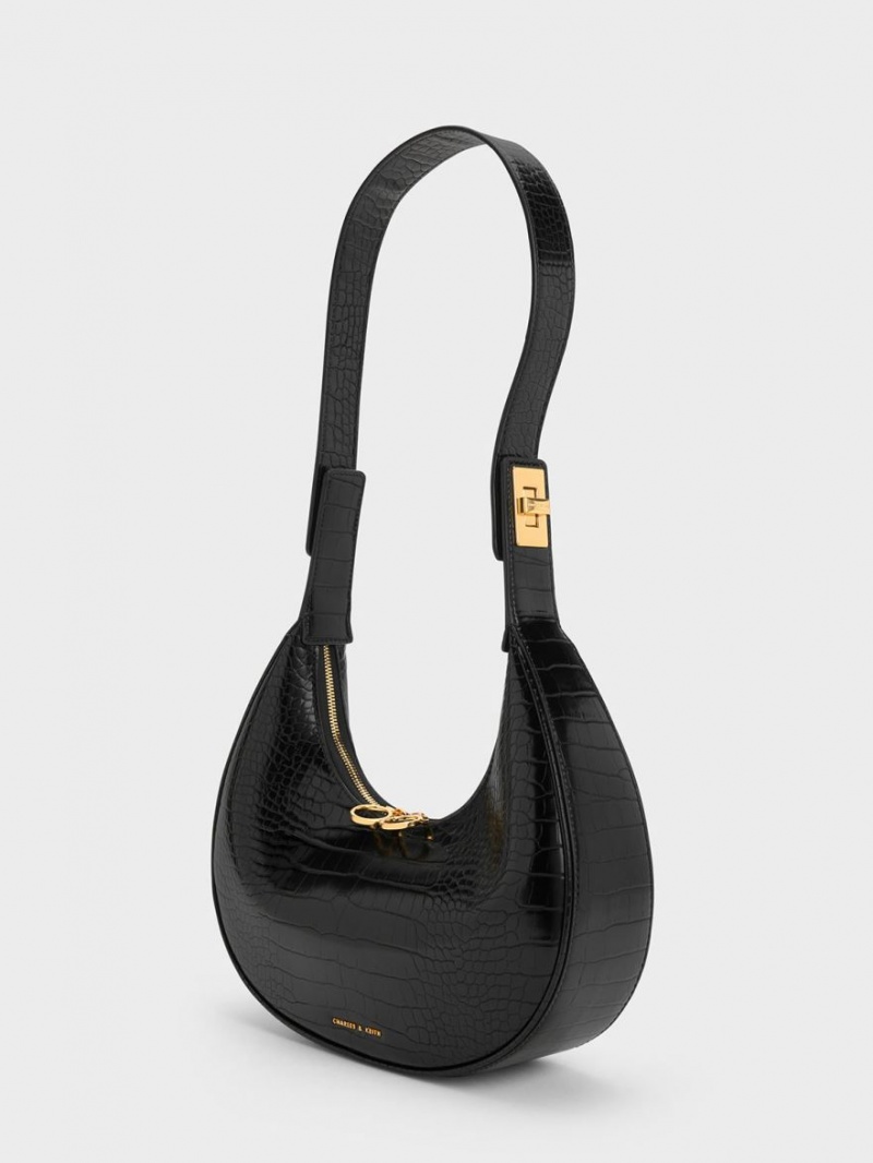 τσάντα hobo Charles And Keith Croc-Embossed Crescent μαυρα | 82097-DBEX