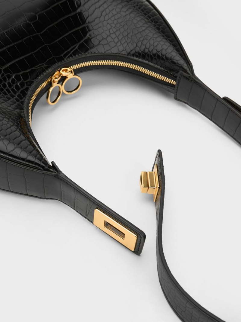 τσάντα hobo Charles And Keith Croc-Embossed Crescent μαυρα | 82097-DBEX