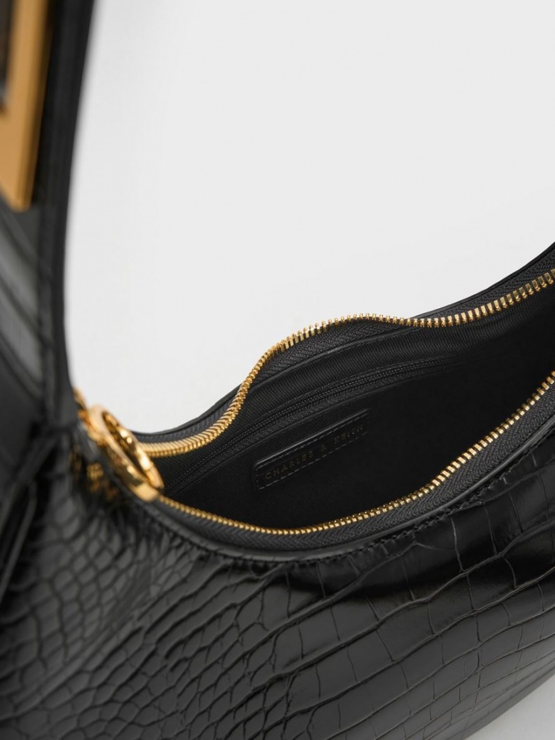 τσάντα hobo Charles And Keith Croc-Embossed Crescent μαυρα | 82097-DBEX