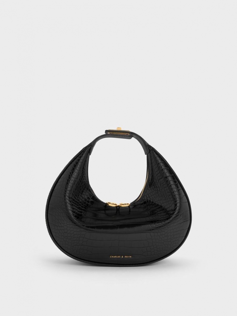 τσάντα hobo Charles And Keith Croc-Embossed Crescent μαυρα | 82097-DBEX
