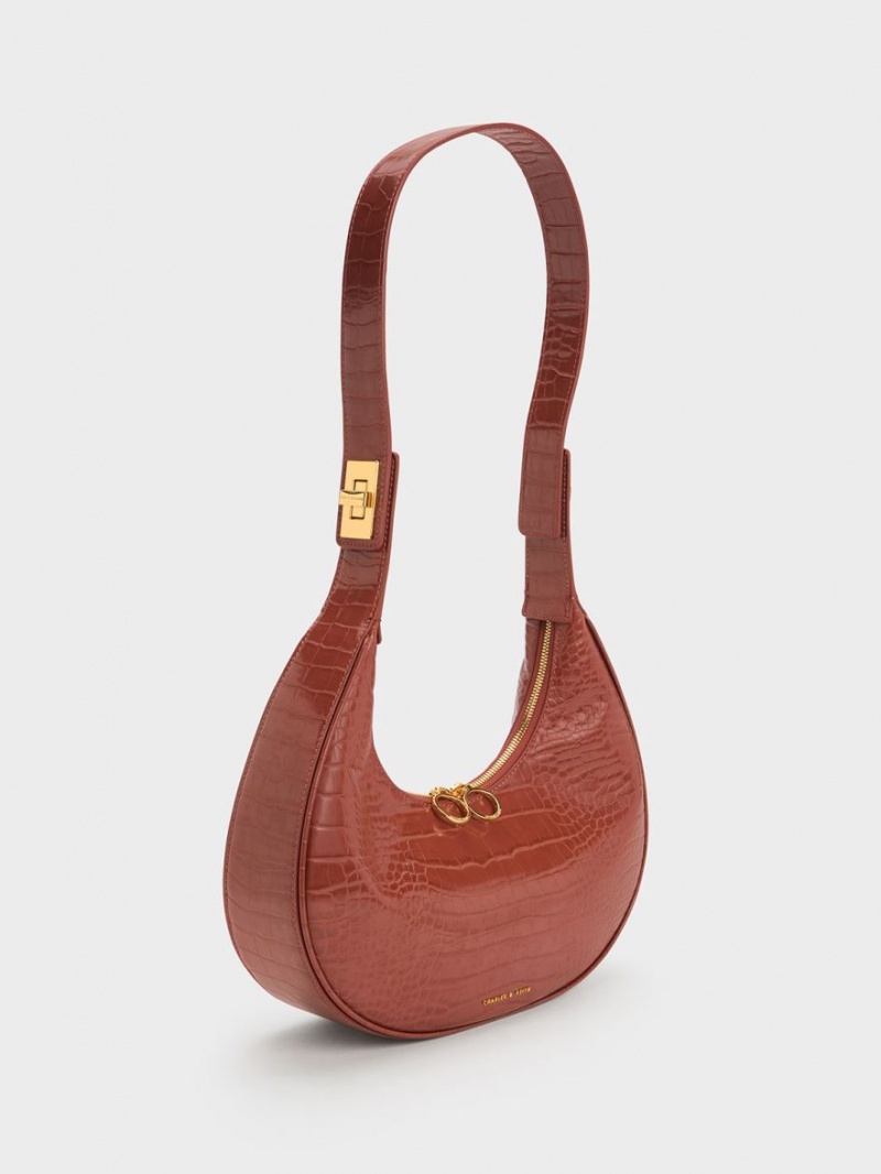 τσάντα hobo Charles And Keith Croc-Embossed Crescent καφε | 56723-DYQM