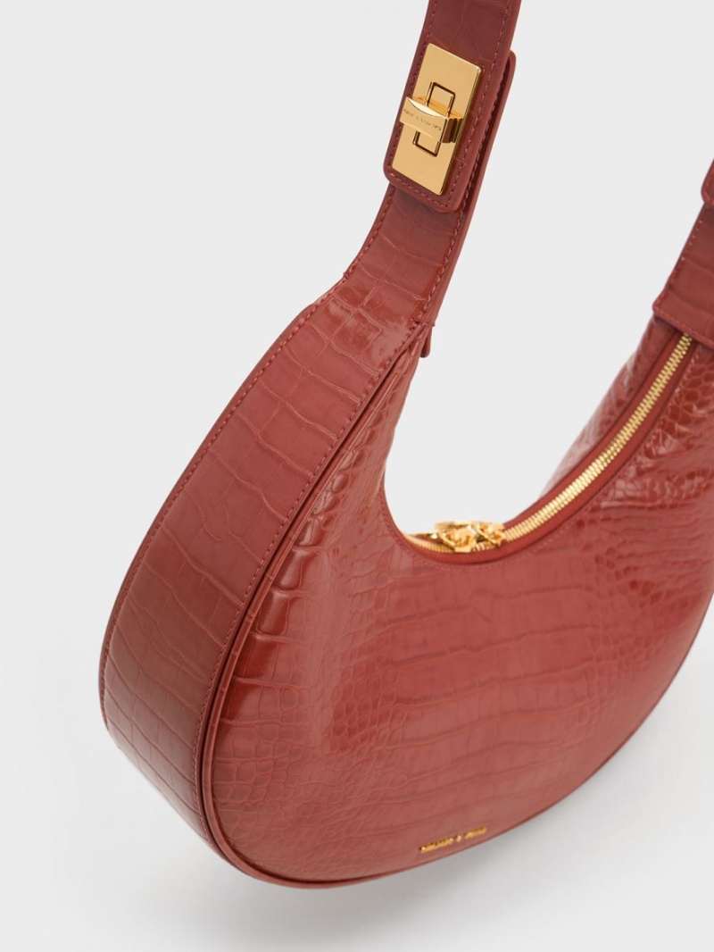 τσάντα hobo Charles And Keith Croc-Embossed Crescent καφε | 56723-DYQM