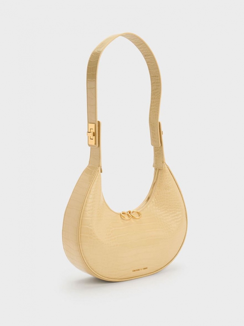 τσάντα hobo Charles And Keith Croc-Embossed Crescent Μπεζ | 29837-KNTS