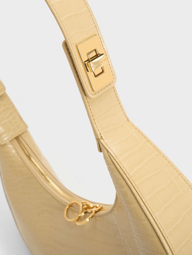τσάντα hobo Charles And Keith Croc-Embossed Crescent Μπεζ | 29837-KNTS