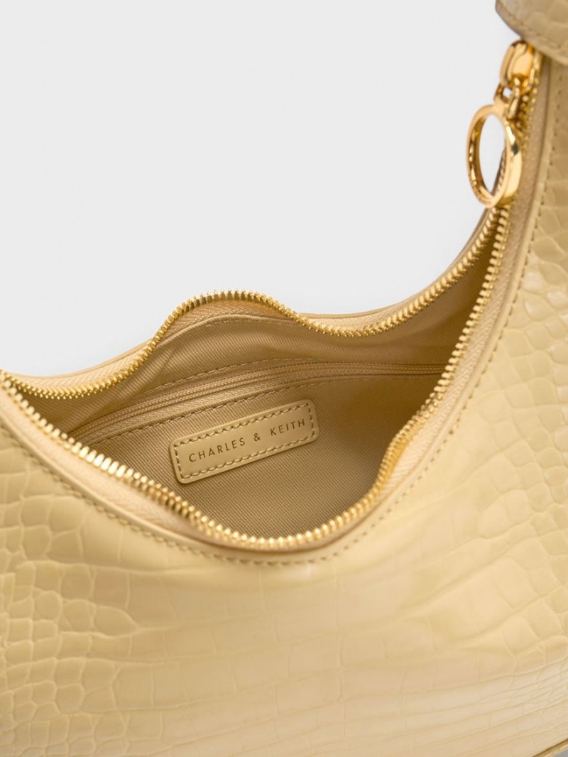 τσάντα hobo Charles And Keith Croc-Embossed Crescent Μπεζ | 29837-KNTS