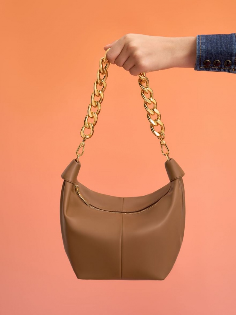 τσάντα hobo Charles And Keith Daki Chain Handle σοκολάτα | 83671-YAXO