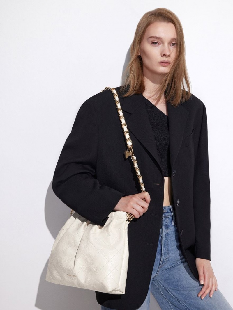 τσάντα hobo Charles And Keith Duo Double Chain κρέμα | 07869-CFUI