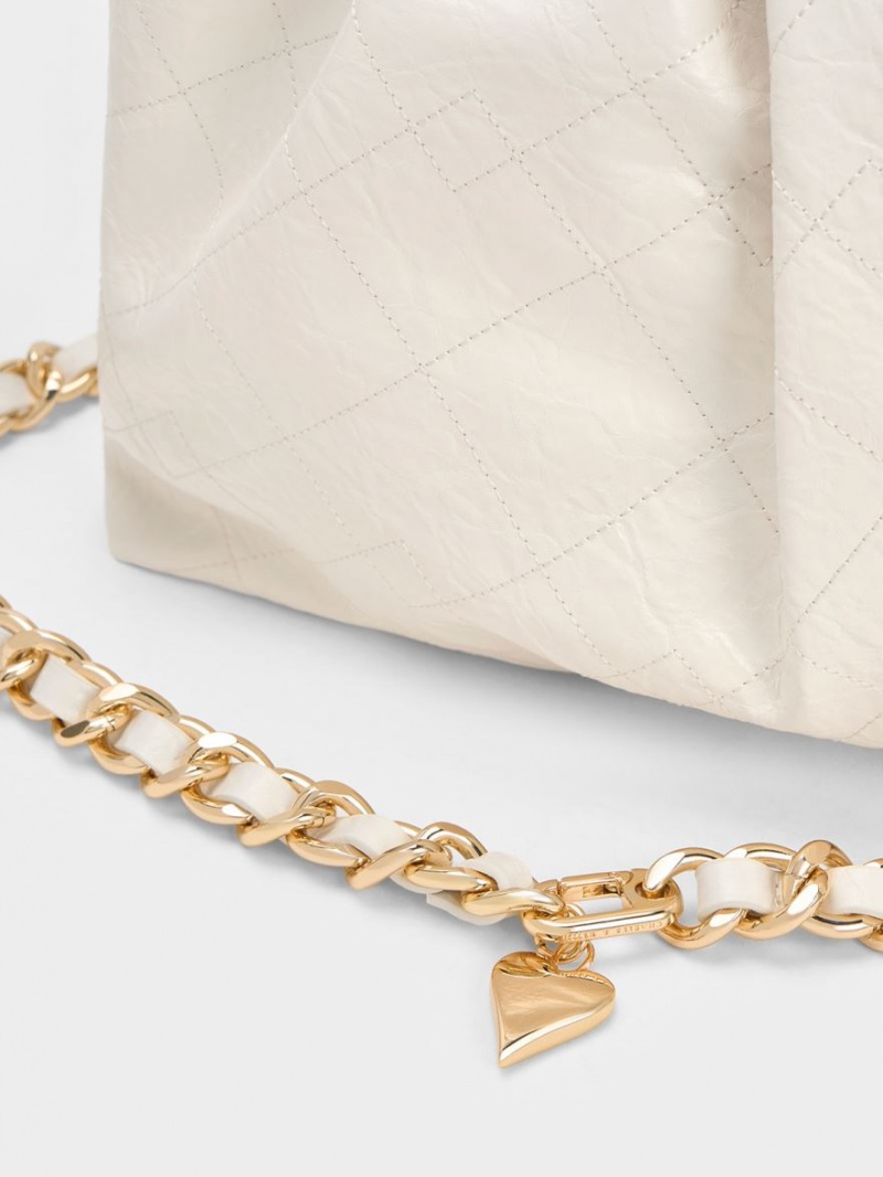 τσάντα hobo Charles And Keith Duo Double Chain κρέμα | 07869-CFUI