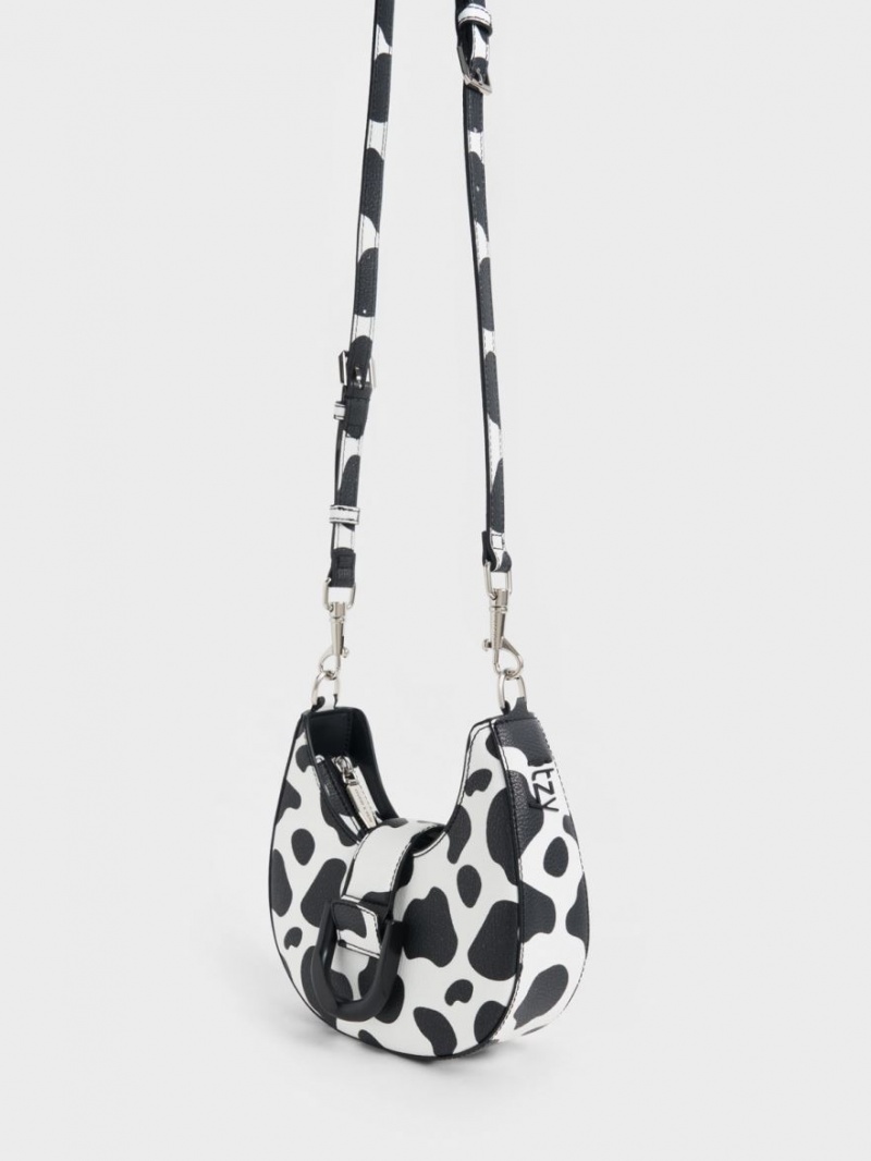 τσάντα hobo Charles And Keith Gabine Belted μαυρα ασπρα | 72568-NGFE