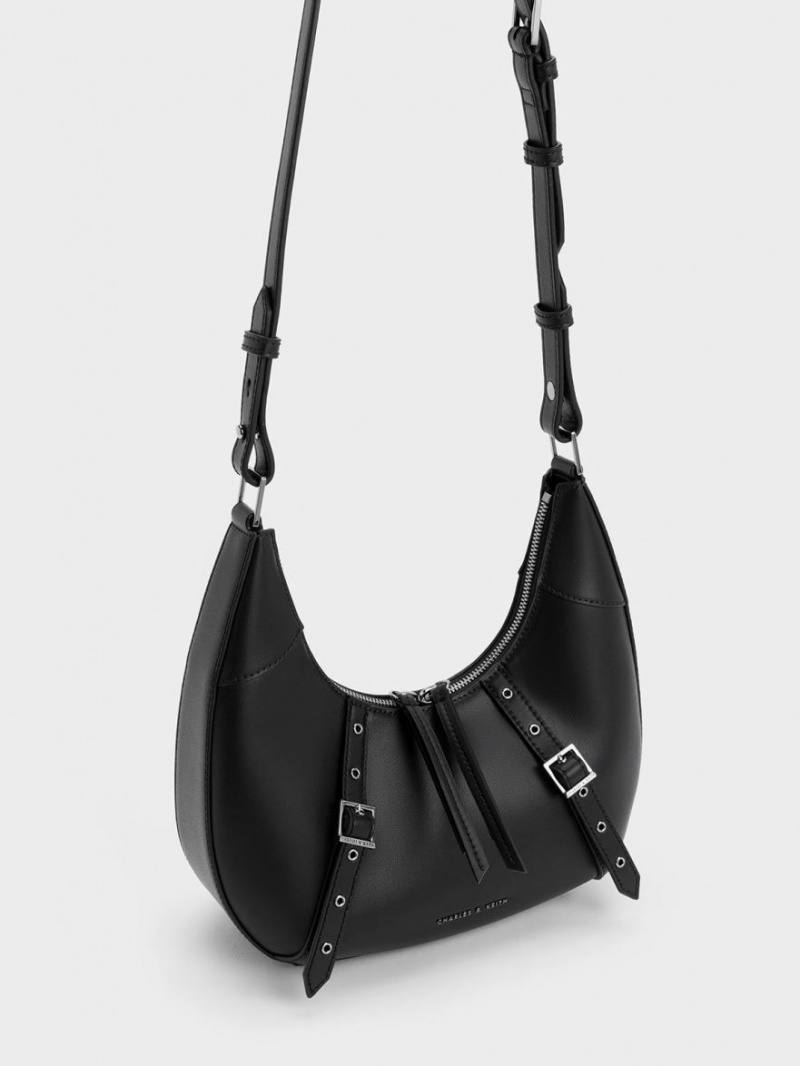 τσάντα hobo Charles And Keith Grommet Crescent μαυρα | 47215-USGA