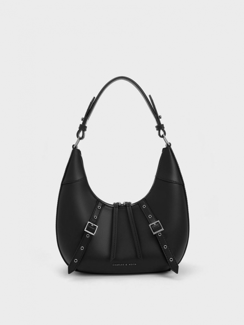 τσάντα hobo Charles And Keith Grommet Crescent μαυρα | 47215-USGA