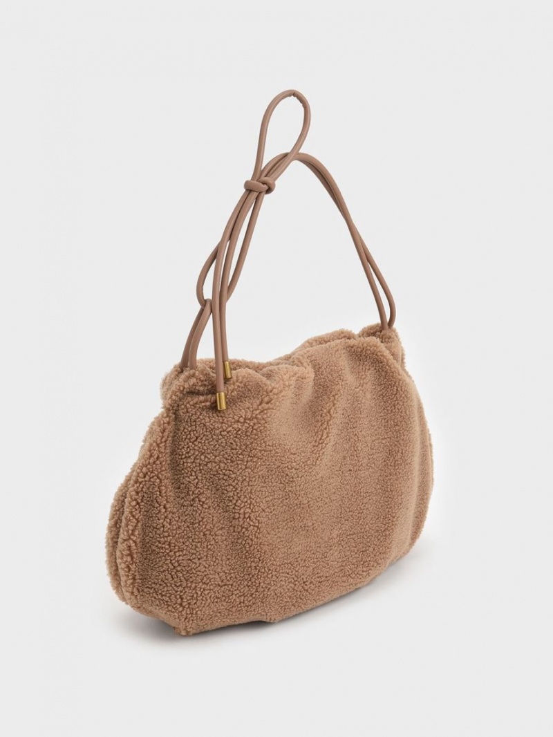 τσάντα hobo Charles And Keith Knotted Handle Textured καφε | 05864-GOEM