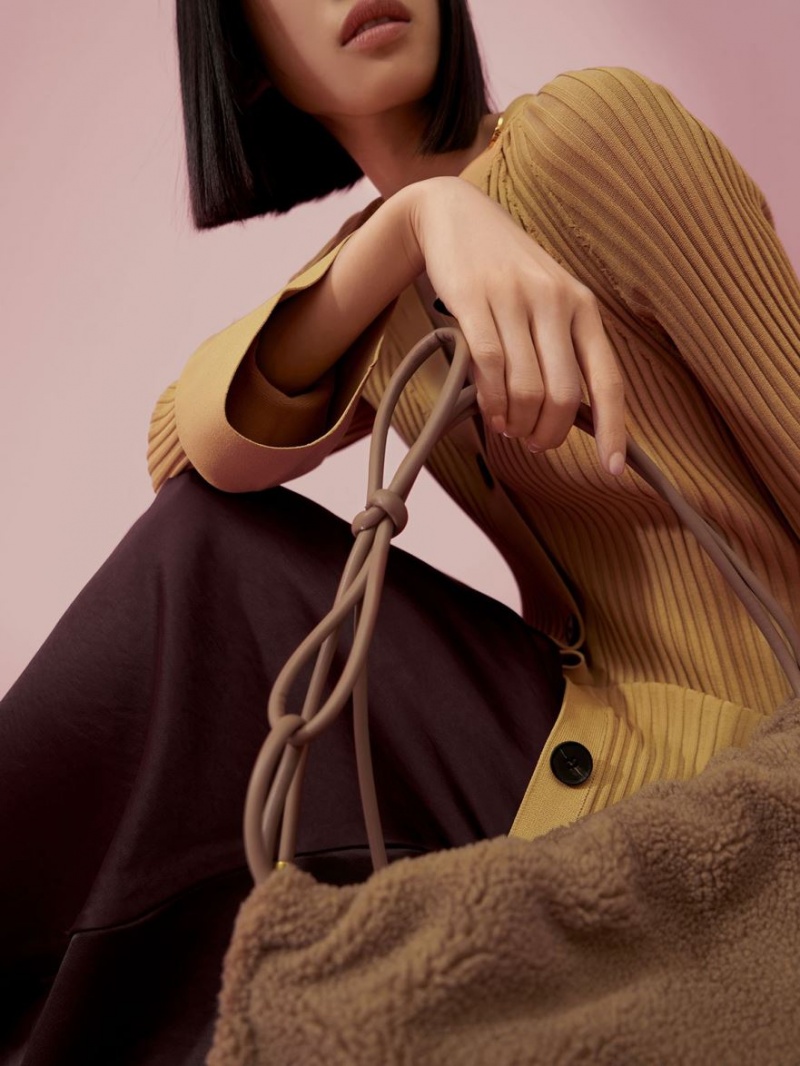 τσάντα hobo Charles And Keith Knotted Handle Textured καφε | 05864-GOEM