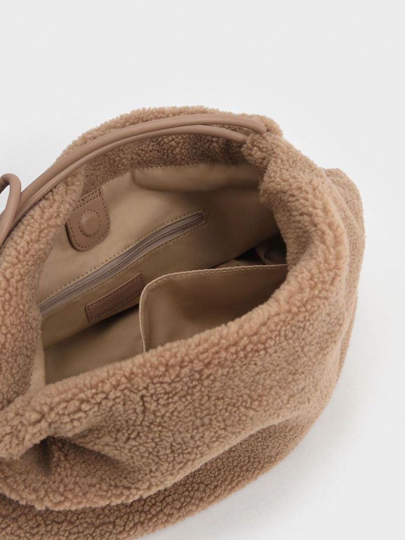 τσάντα hobo Charles And Keith Knotted Handle Textured καφε | 05864-GOEM