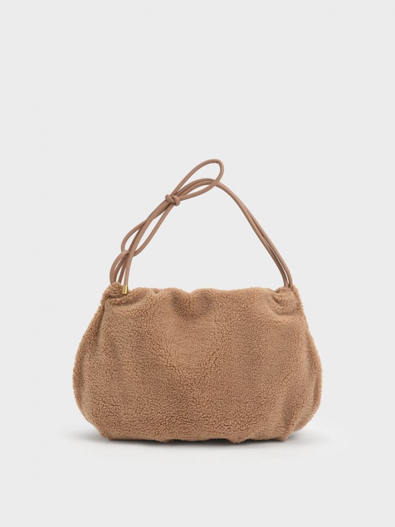 τσάντα hobo Charles And Keith Knotted Handle Textured καφε | 05864-GOEM