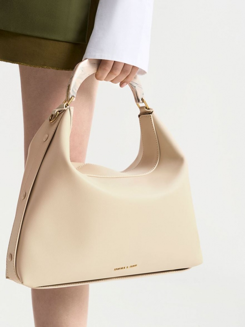 τσάντα hobo Charles And Keith Marlin Acrylic Handle Μπεζ | 10435-KSJV