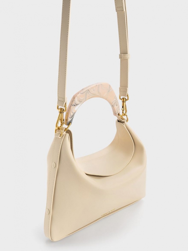 τσάντα hobo Charles And Keith Marlin Acrylic Handle Μπεζ | 10435-KSJV