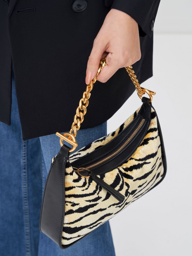τσάντα hobo Charles And Keith Minta Tiger Print Chain-Link Πολύχρωμο | 34609-KECF