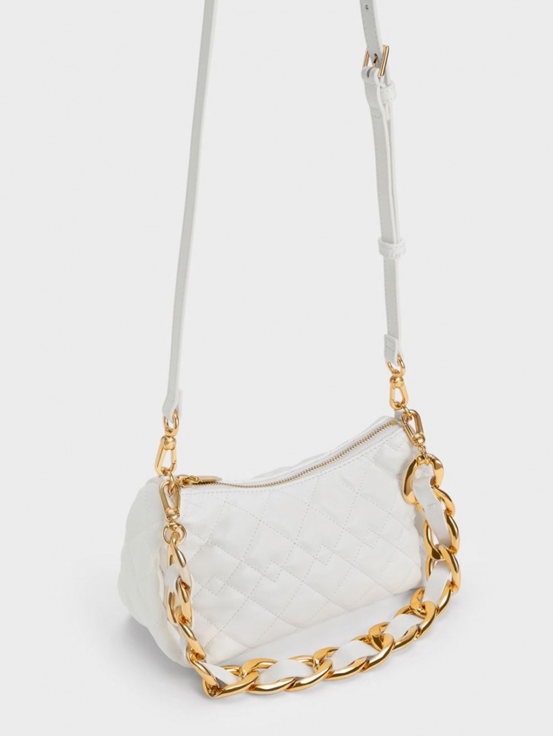 τσάντα hobo Charles And Keith Nezu Chain Handle Καπιτονέ ασπρα | 72043-ROEA