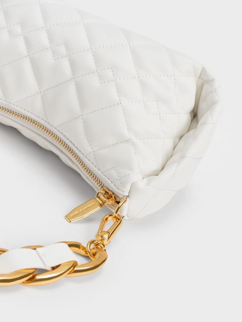 τσάντα hobo Charles And Keith Nezu Chain Handle Καπιτονέ ασπρα | 72043-ROEA