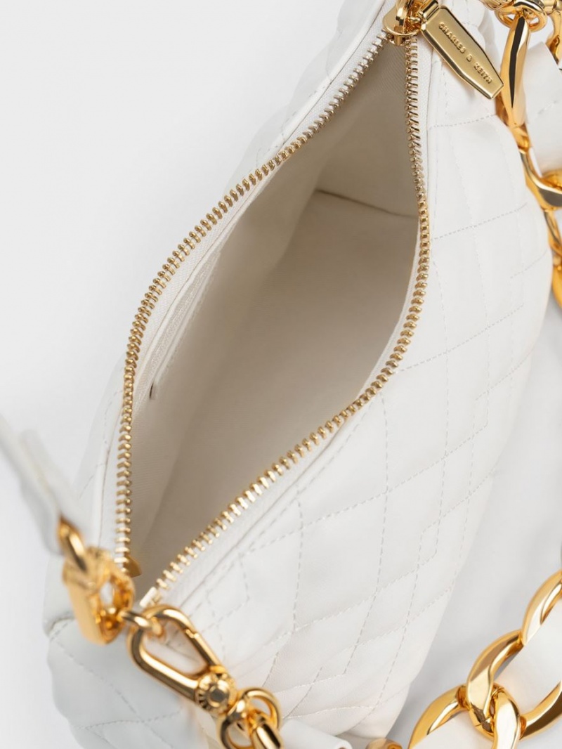 τσάντα hobo Charles And Keith Nezu Chain Handle Καπιτονέ ασπρα | 72043-ROEA