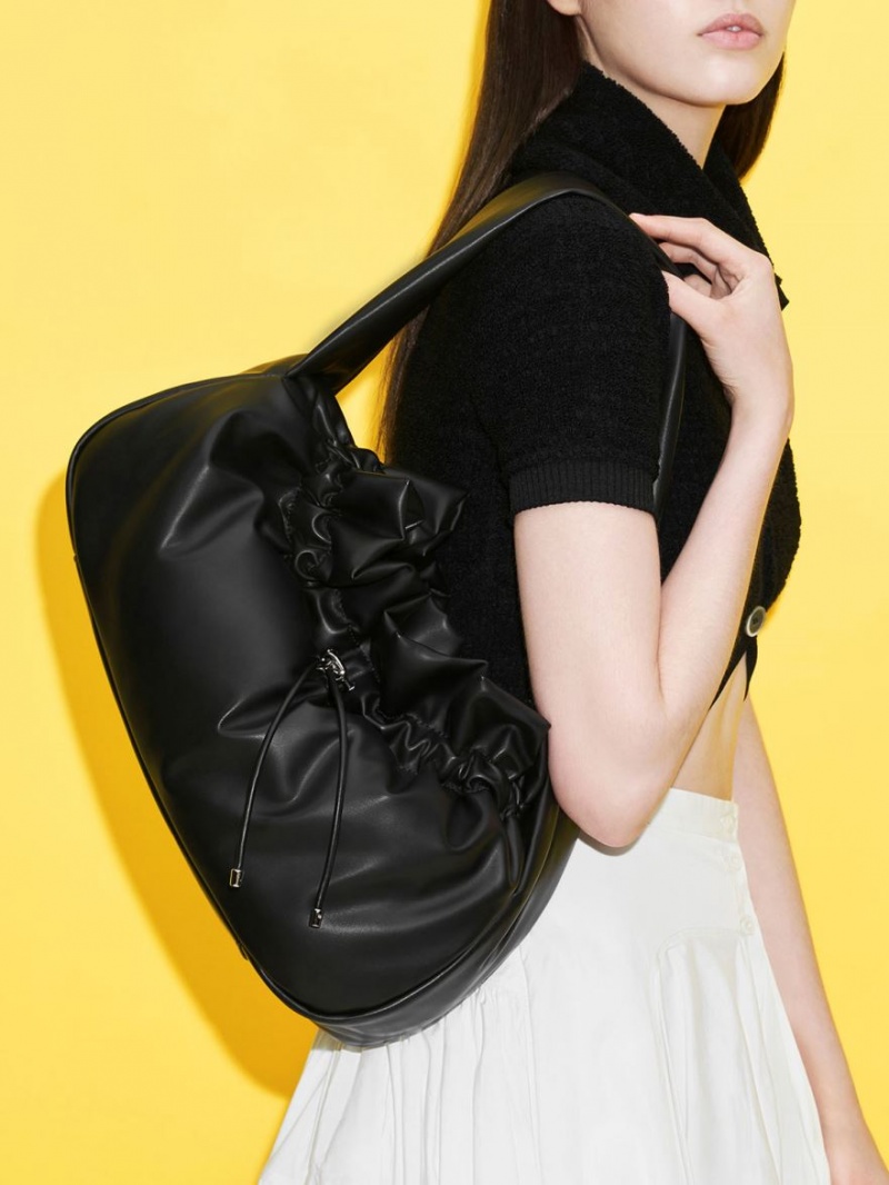 τσάντα hobo Charles And Keith Ruched μαυρα | 34529-LBPS