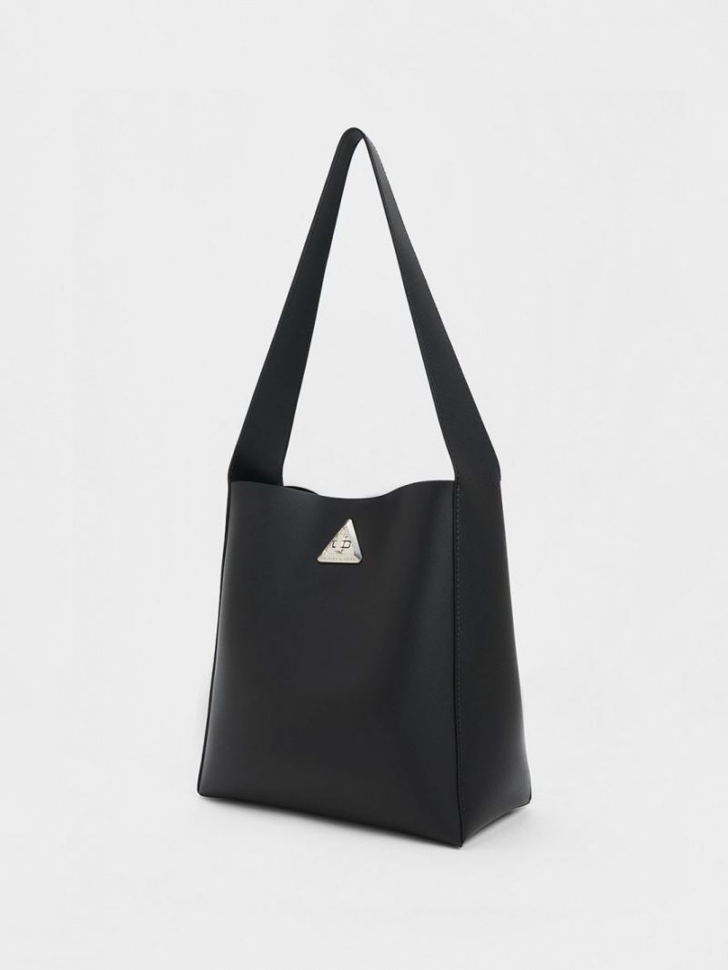 τσάντα hobo Charles And Keith Trice Metallic Accent Large μαυρα | 48265-EXSP