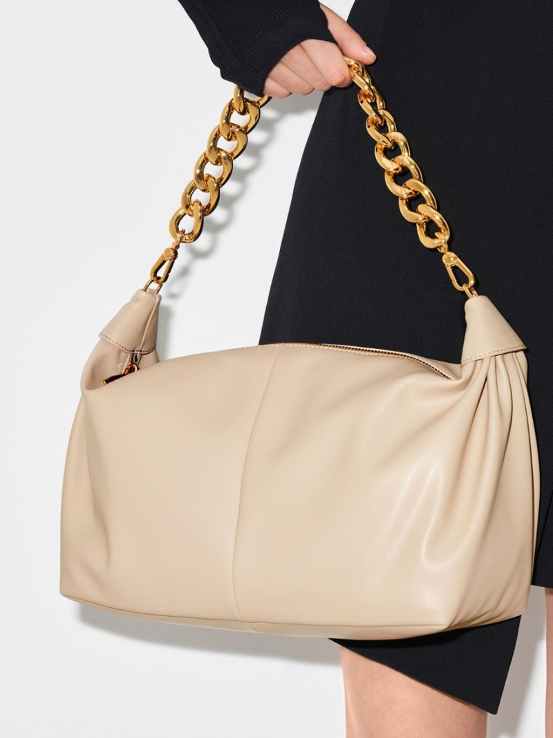 τσάντα hobo Charles And Keith Χοντρός Chain Link Μπεζ | 18506-GWAH