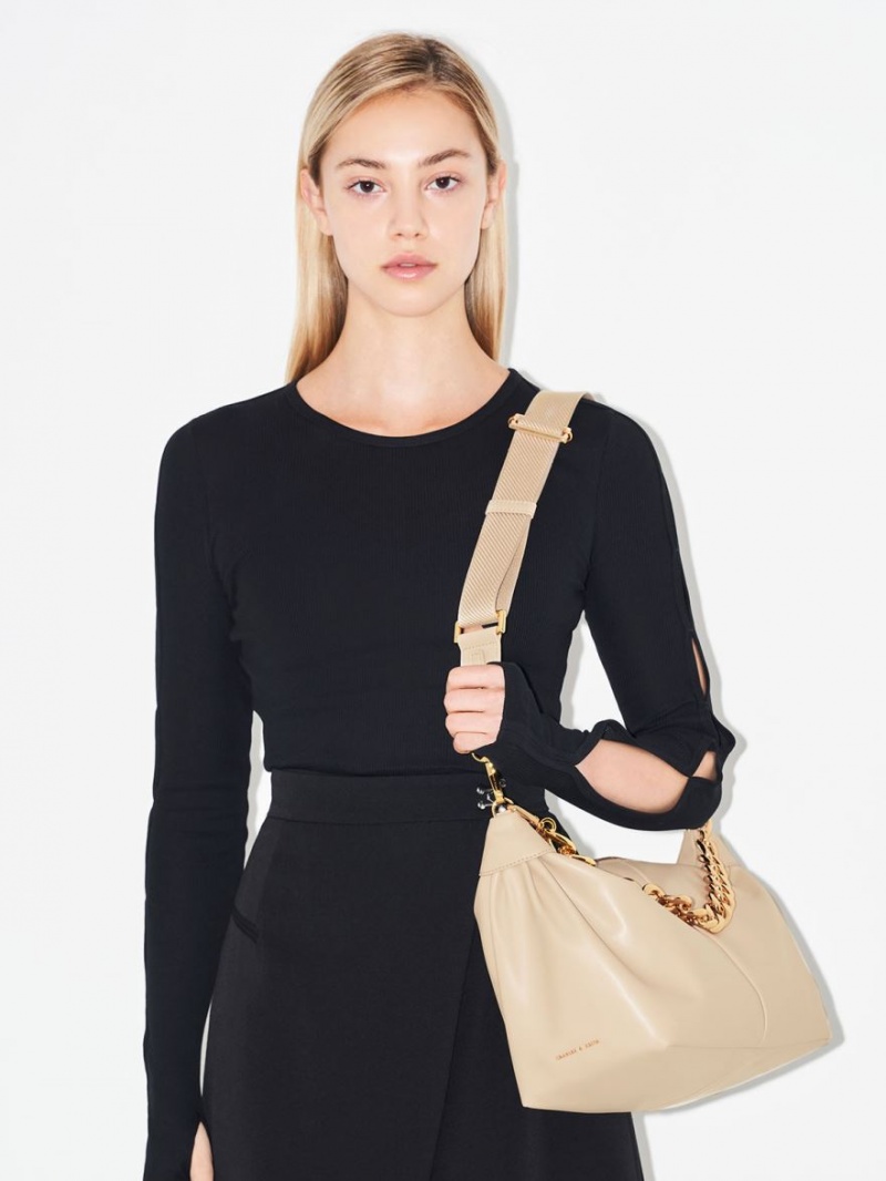 τσάντα hobo Charles And Keith Χοντρός Chain Link Μπεζ | 18506-GWAH