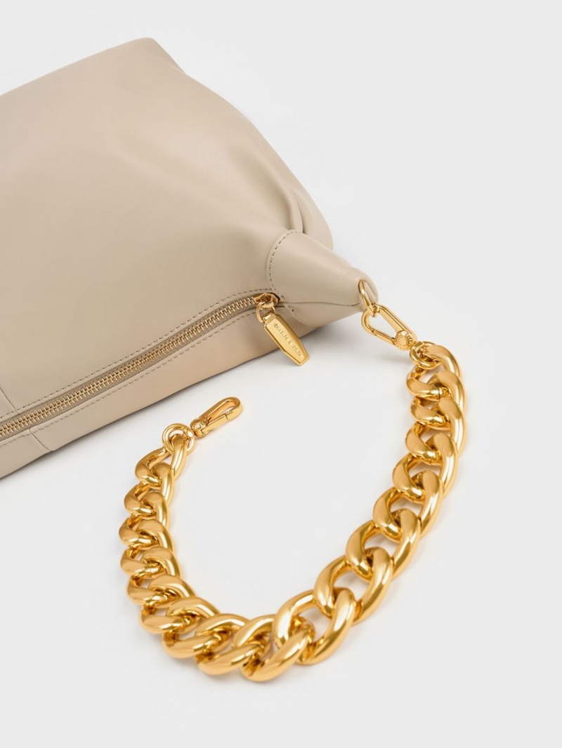 τσάντα hobo Charles And Keith Χοντρός Chain Link Μπεζ | 18506-GWAH