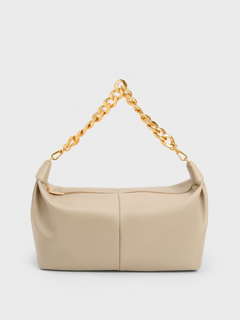 τσάντα hobo Charles And Keith Χοντρός Chain Link Μπεζ | 18506-GWAH