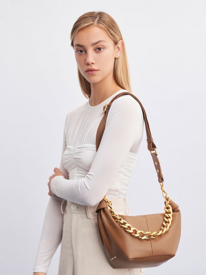 τσάντα hobo Charles And Keith Χοντρός Chain Link σοκολάτα | 35462-RJFB