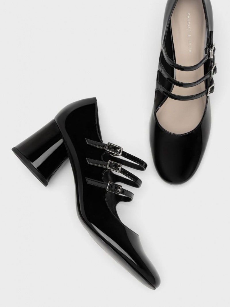 παπουτσια mary jane Charles And Keith Buckled Cylindrical Heel μαυρα | 03418-FMPE