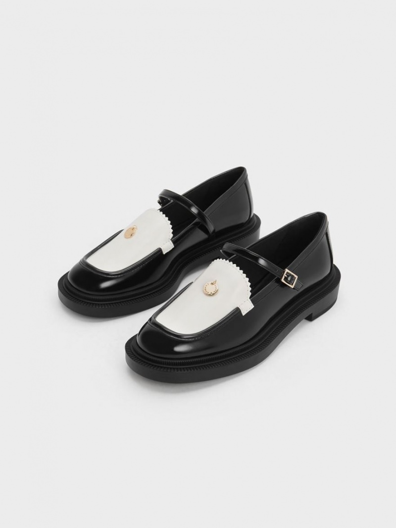 παπουτσια mary jane Charles And Keith Circle Charm Two-Tone μαυρα ασπρα | 38549-CZYE