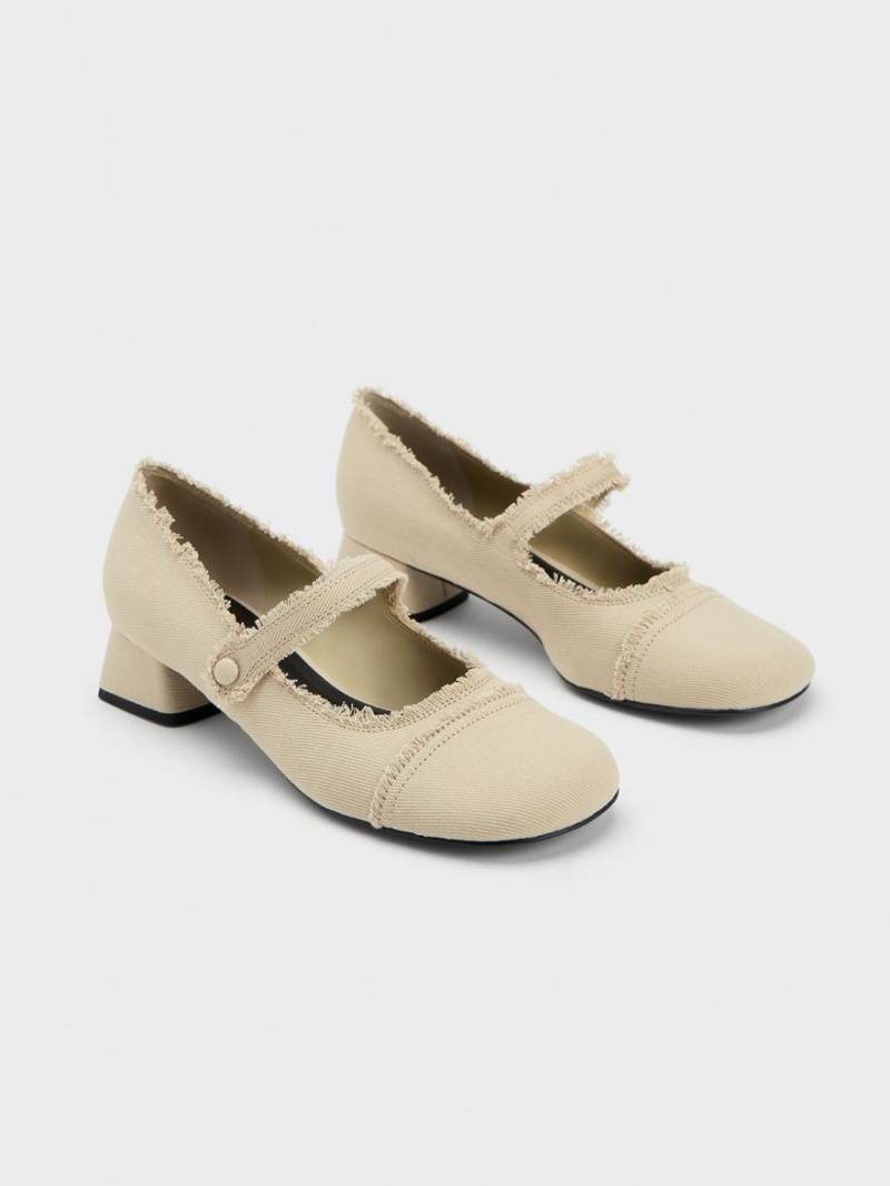 παπουτσια mary jane Charles And Keith Denim Block Heel Μπεζ | 51398-AZNV