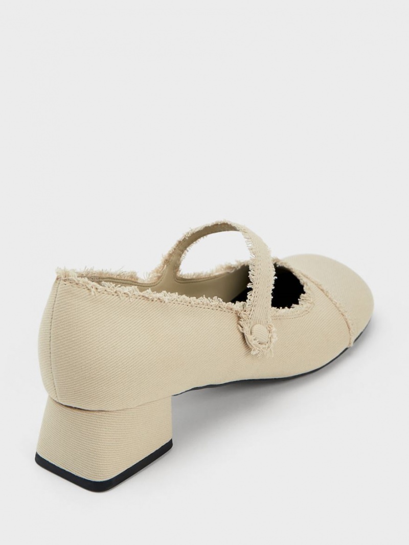 παπουτσια mary jane Charles And Keith Denim Block Heel Μπεζ | 51398-AZNV