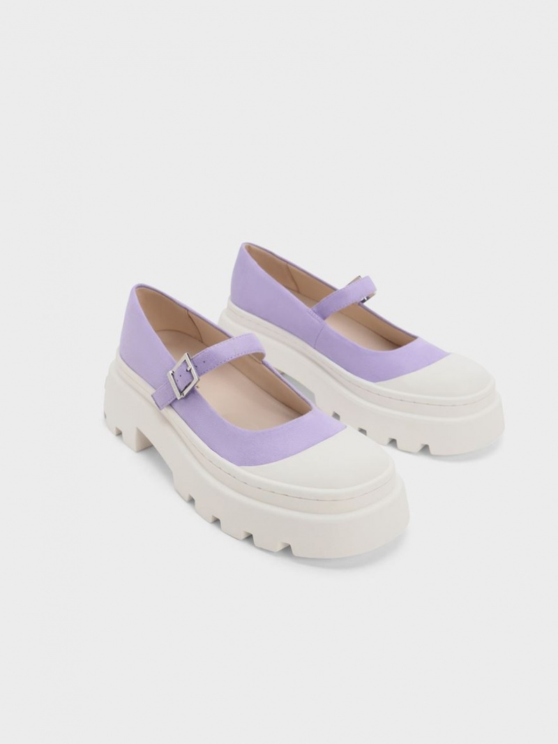 παπουτσια mary jane Charles And Keith Textured Two-Tone flatforms μωβ | 60572-GRWL
