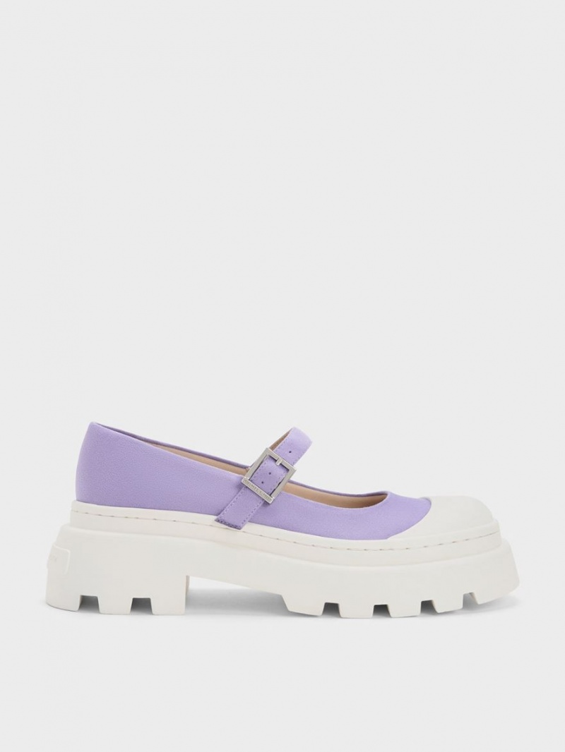 παπουτσια mary jane Charles And Keith Textured Two-Tone flatforms μωβ | 60572-GRWL