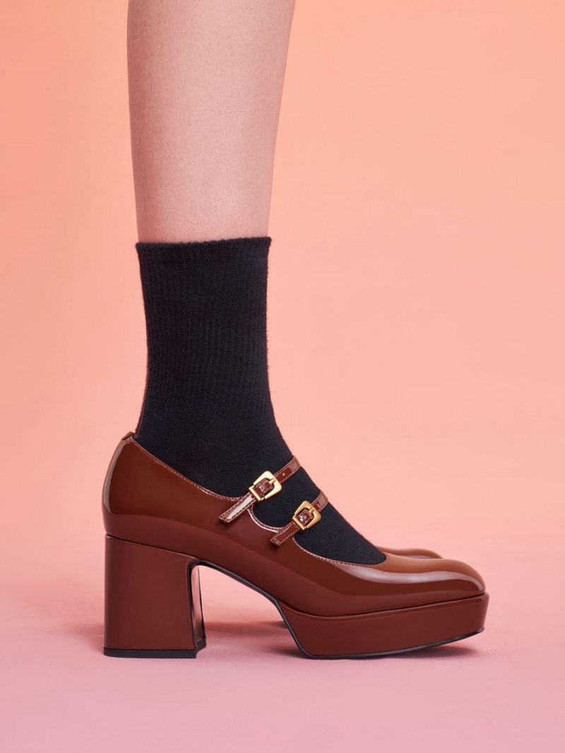 παπουτσια mary jane Charles And Keith λουστρινι Block Heel καφε | 05214-NCGW