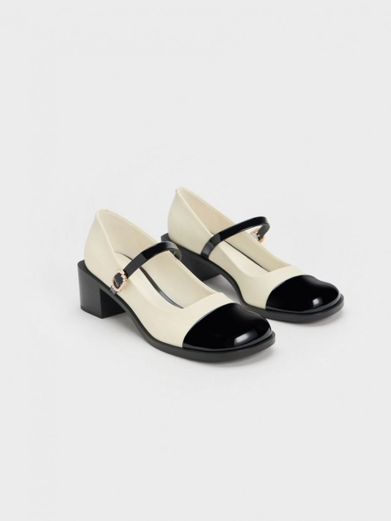 παπουτσια mary jane Charles And Keith λουστρινι Crystal-Embellished πόρπης Two-Tone κρέμα | 74958-MKGF