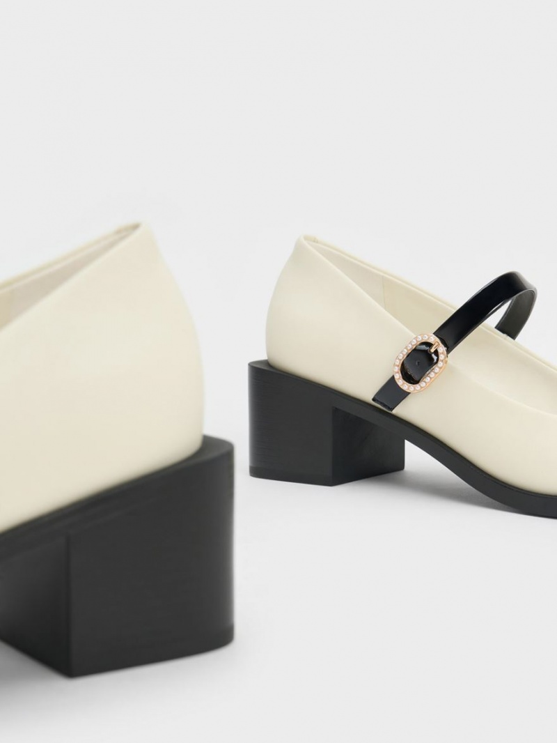 παπουτσια mary jane Charles And Keith λουστρινι Crystal-Embellished πόρπης Two-Tone κρέμα | 74958-MKGF