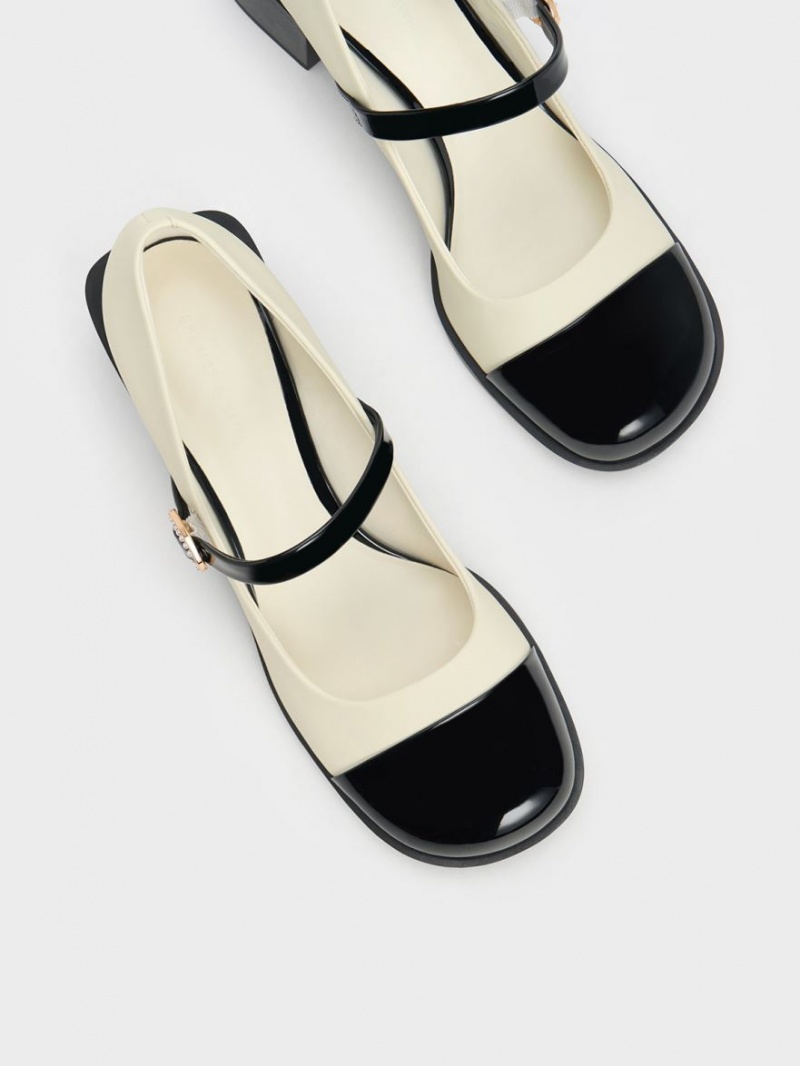 παπουτσια mary jane Charles And Keith λουστρινι Crystal-Embellished πόρπης Two-Tone κρέμα | 74958-MKGF
