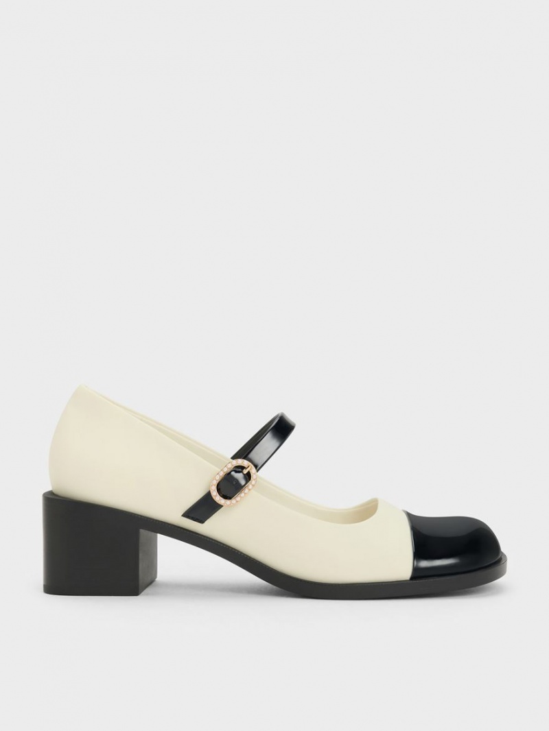 παπουτσια mary jane Charles And Keith λουστρινι Crystal-Embellished πόρπης Two-Tone κρέμα | 74958-MKGF