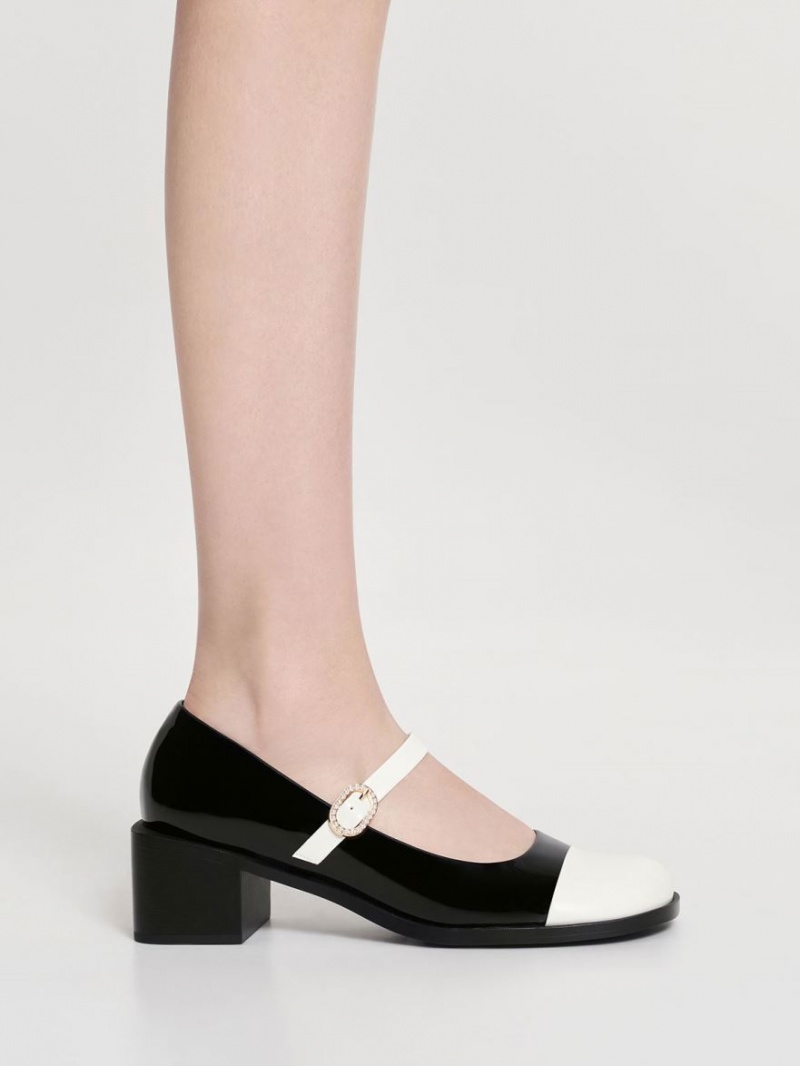 παπουτσια mary jane Charles And Keith λουστρινι Crystal-Embellished πόρπης Two-Tone μαυρα | 52017-VEQM