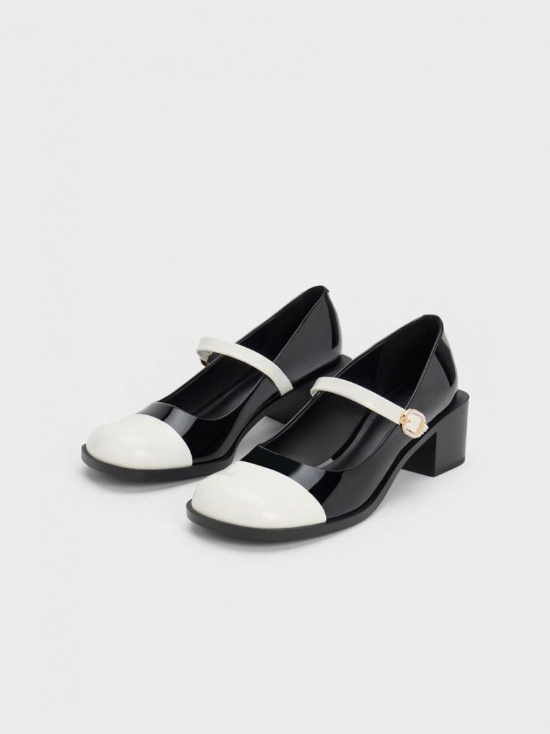 παπουτσια mary jane Charles And Keith λουστρινι Crystal-Embellished πόρπης Two-Tone μαυρα | 52017-VEQM