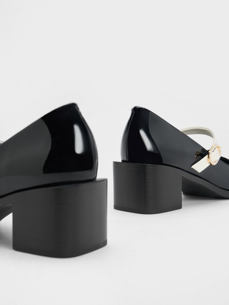 παπουτσια mary jane Charles And Keith λουστρινι Crystal-Embellished πόρπης Two-Tone μαυρα | 52017-VEQM